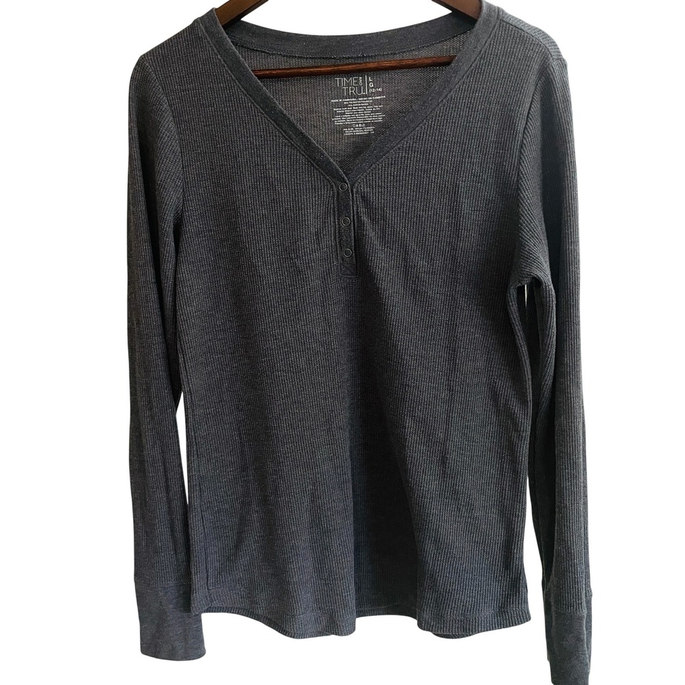 Womens Goth Grunge Waffle Knit Snap Henley Top Size L Gray Fall Basic Capsule